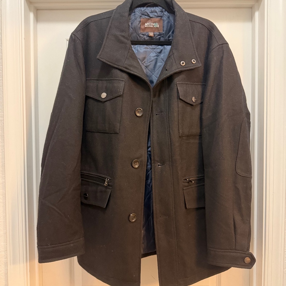 Michael Kors Black Wool-Blend Pea Coat Insulated Utility Jacket,‎ XL